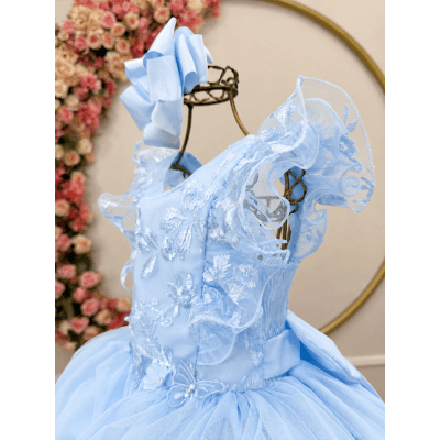 Vestido Infantil Azul Bebe C/ Bordado, Borboletas e flores Dama Festas Luxo