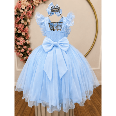 Vestido Infantil Azul Bebe C/ Bordado, Borboletas e flores Dama Festas Luxo