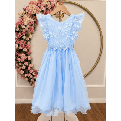 Vestido Infantil Azul Bebe C/ Bordado, Borboletas e flores Dama Festas Luxo