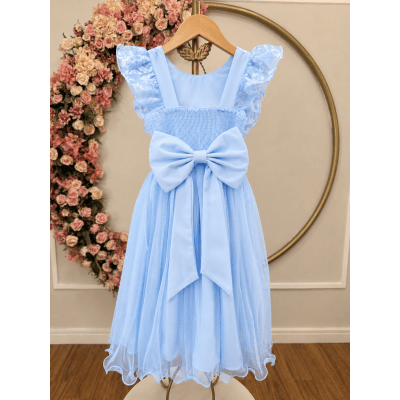 Vestido Infantil Azul Bebe C/ Bordado, Borboletas e flores Dama Festas Luxo