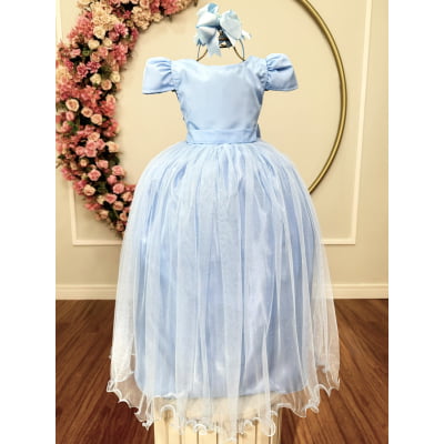 Vestido Infantil Azul Bebe Longo de Princesa Brilhante e Mangas