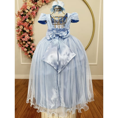 Vestido Infantil Azul Bebe Longo de Princesa Brilhante e Mangas