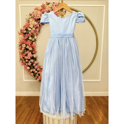 Vestido Infantil Azul Bebe Longo de Princesa Brilhante e Mangas