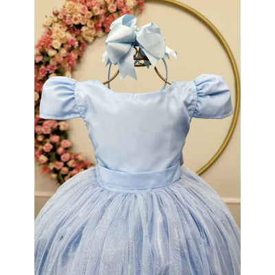 Vestido Infantil Azul Bebe Longo de Princesa Brilhante e Mangas