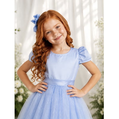 Vestido Infantil Azul Bebe Longo de Princesa Brilhante e Mangas