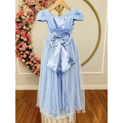 Vestido Infantil Azul Bebe Longo de Princesa Brilhante e Mangas