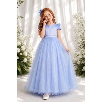 Vestido Infantil Azul Bebe Longo de Princesa Brilhante e Mangas