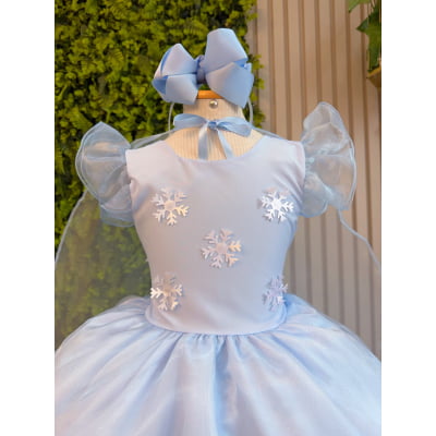 Vestido Infantil Azul Frozen Com Capa Anna Elza Festas Luxo