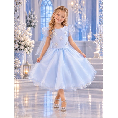 Vestido Infantil Azul Frozen Com Capa Anna Elza Festas Luxo