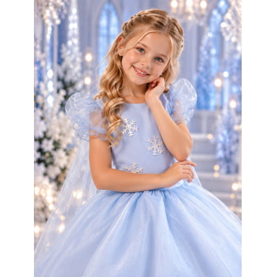 Vestido Infantil Azul Frozen Com Capa Anna Elza Festas Luxo