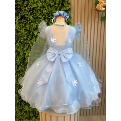 Vestido Infantil Azul Frozen Com Capa Anna Elza Festas Luxo