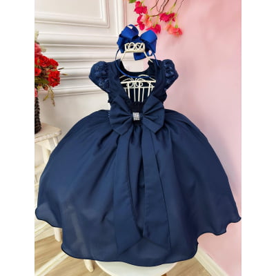 Vestido Infantil Azul Marinho Busto C/ Renda e Cinto Pérolas