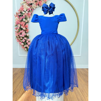 Vestido Infantil Azul Royal Longo de Princesa Brilhante e Mangas