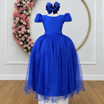 Vestido Infantil Azul Royal Longo de Princesa Brilhante e Mangas