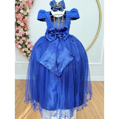 Vestido Infantil Azul Royal Longo de Princesa Brilhante e Mangas