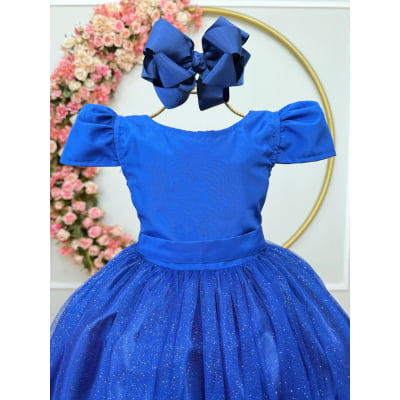 Vestido Infantil Azul Royal Longo de Princesa Brilhante e Mangas