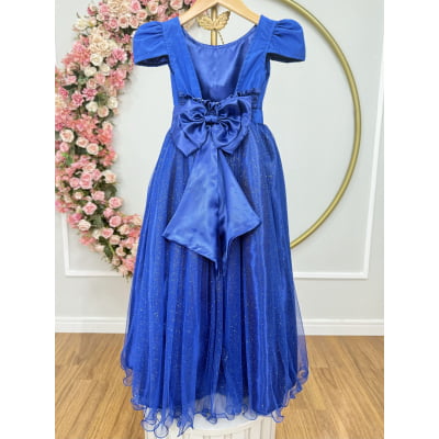 Vestido Infantil Azul Royal Longo de Princesa Brilhante e Mangas