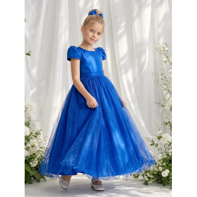 Vestido Infantil Azul Royal Longo de Princesa Brilhante e Mangas