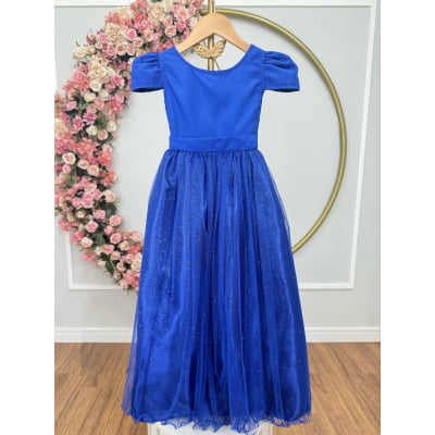 Vestido Infantil Azul Royal Longo de Princesa Brilhante e Mangas