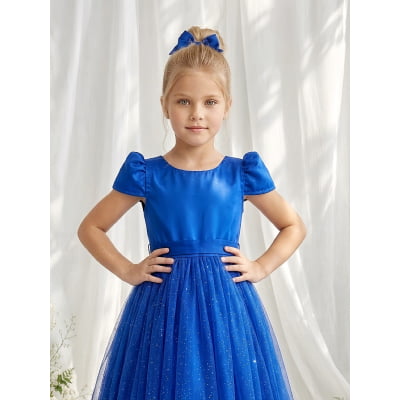 Vestido Infantil Azul Royal Longo de Princesa Brilhante e Mangas