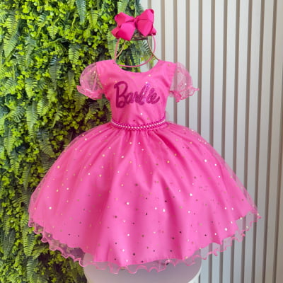Vestido Infantil Barbie Pink C/ Glitter e Estrelas Vestido Infantil Barbie Pink C/ Glitter e Estrelas