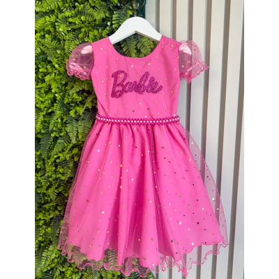 Vestido Infantil Barbie Pink C/ Glitter e Estrelas