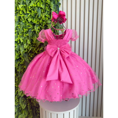 Vestido Infantil Barbie Pink C/ Glitter e Estrelas