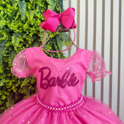 Vestido Infantil Barbie Pink C/ Glitter e Estrelas
