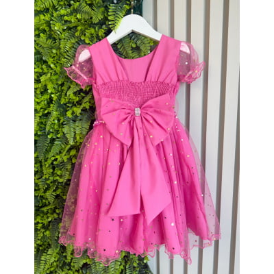 Vestido Infantil Barbie Pink C/ Glitter e Estrelas