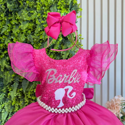Vestido Infantil Barbie Pink Com Cinto de Pérolas