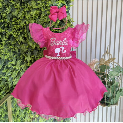 Vestido Infantil Barbie Pink Com Cinto de Pérolas