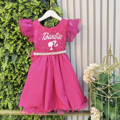Vestido Infantil Barbie Pink Com Cinto de Pérolas