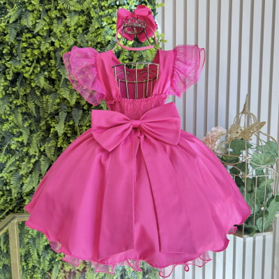 Vestido Infantil Barbie Pink Com Cinto de Pérolas