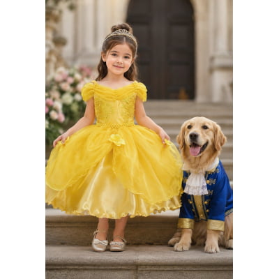 Vestido Infantil Bela e a Fera Princesas C/ Renda e Pérolas Vestido Infantil Bela e a Fera Princesas C/ Renda e Pérolas