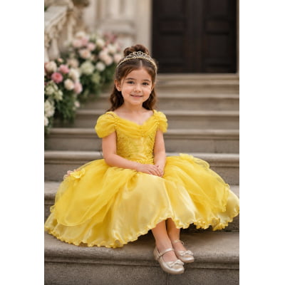 Vestido Infantil Bela e a Fera Princesas C/ Renda e Pérolas