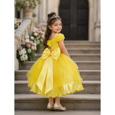 Vestido Infantil Bela e a Fera Princesas C/ Renda e Pérolas