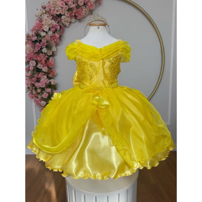 Vestido Infantil Bela e a Fera Princesas C/ Renda e Pérolas