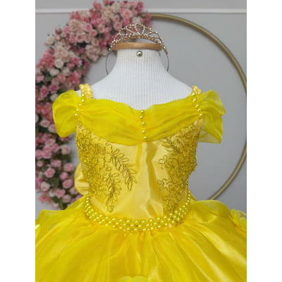 Vestido Infantil Bela e a Fera Princesas C/ Renda e Pérolas