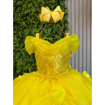 Vestido Infantil Bela e a Fera Princesas C/ Renda e Pérolas