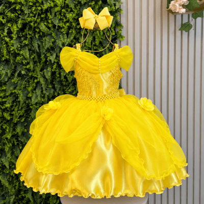 Vestido Infantil Bela e a Fera Princesas C/ Renda e Pérolas Vestido Infantil Bela e a Fera Princesas C/ Renda e Pérolas