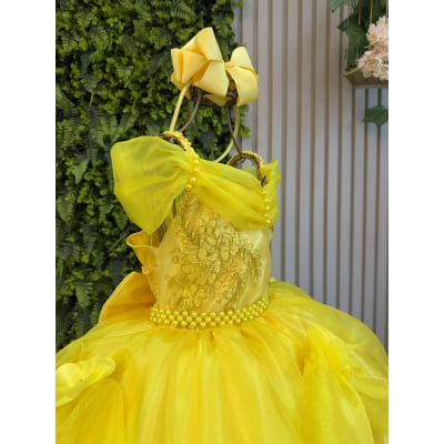 Vestido Infantil Bela e a Fera Princesas C/ Renda e Pérolas