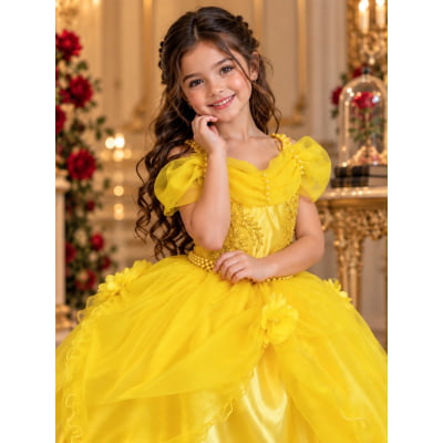 Vestido Infantil Bela e a Fera Princesas C/ Renda e Pérolas
