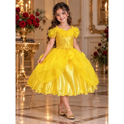 Vestido Infantil Bela e a Fera Princesas C/ Renda e Pérolas