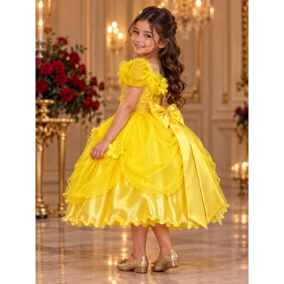 Vestido Infantil Bela e a Fera Princesas C/ Renda e Pérolas