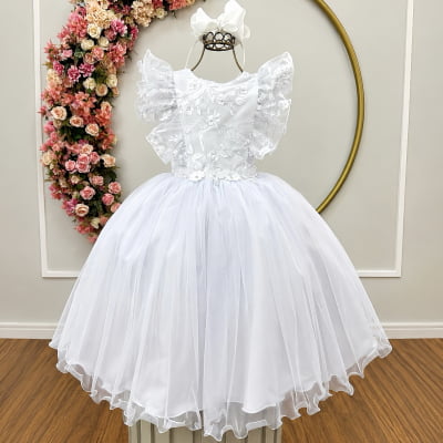 Vestido Infantil Branco C/ Bordado, Borboletas e flores Dama Festas Luxo Vestido Infantil Branco C/ Bordado, Borboletas e flores Dama Festas Luxo