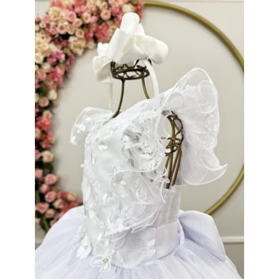 Vestido Infantil Branco C/ Bordado, Borboletas e flores Dama Festas Luxo