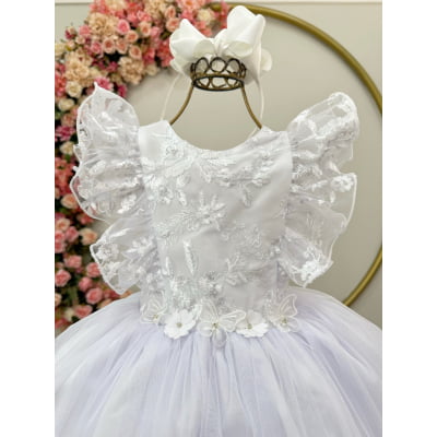Vestido Infantil Branco C/ Bordado, Borboletas e flores Dama Festas Luxo