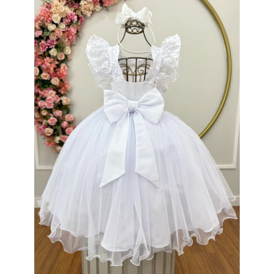 Vestido Infantil Branco C/ Bordado, Borboletas e flores Dama Festas Luxo