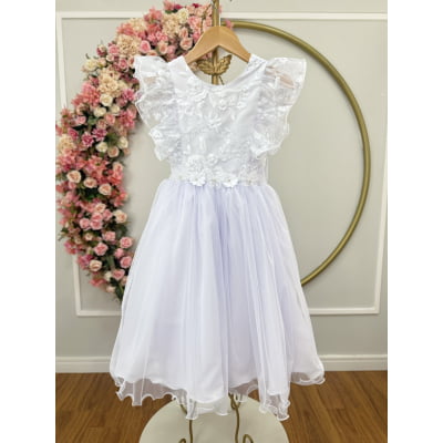 Vestido Infantil Branco C/ Bordado, Borboletas e flores Dama Festas Luxo