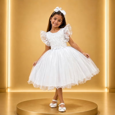 Vestido Infantil Branco C/ Bordado, Borboletas e flores Dama Festas Luxo